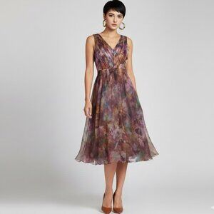 NWT THEIA ORGANZA V-NECK TEA LENGTH MIDI DRESS IN WATERCOLOR FLORAL PRINT SIZE 4